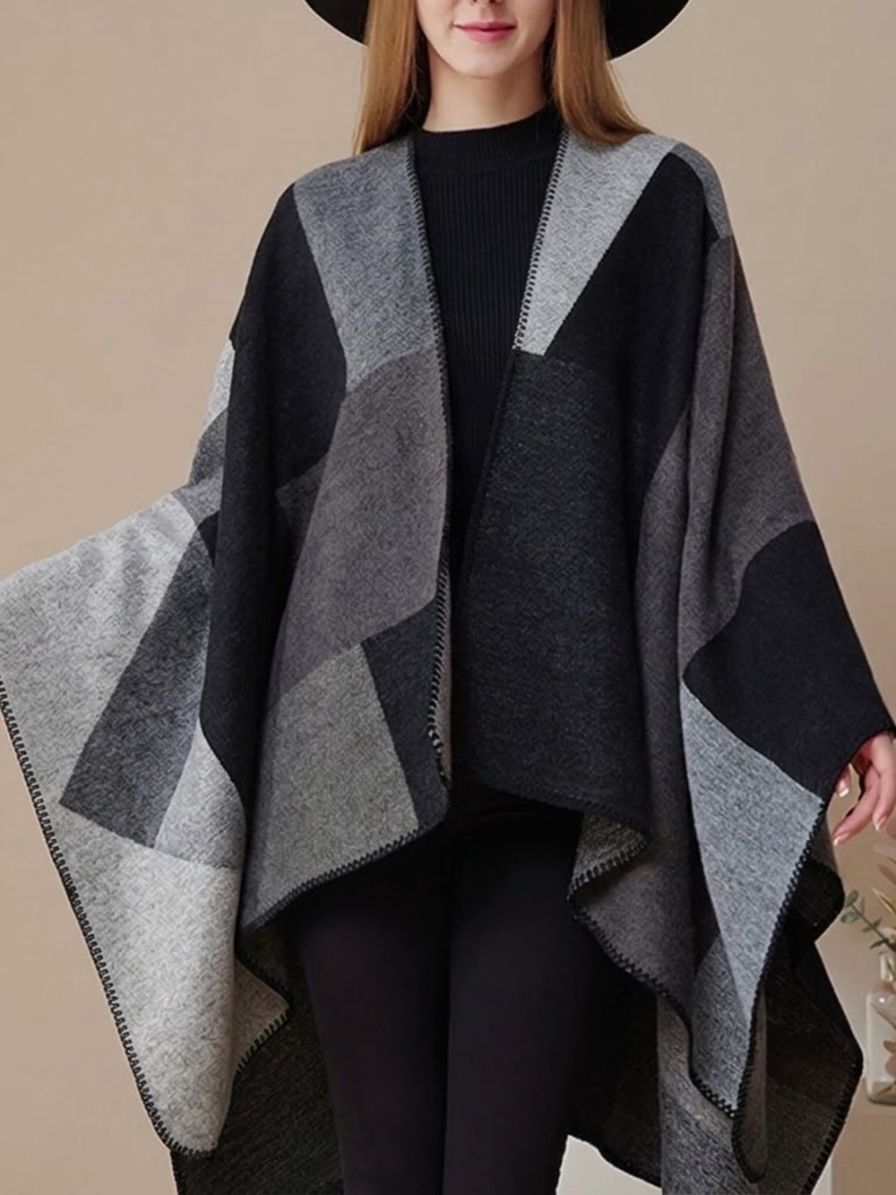 Geometric Wrap Poncho in Gray & Black
